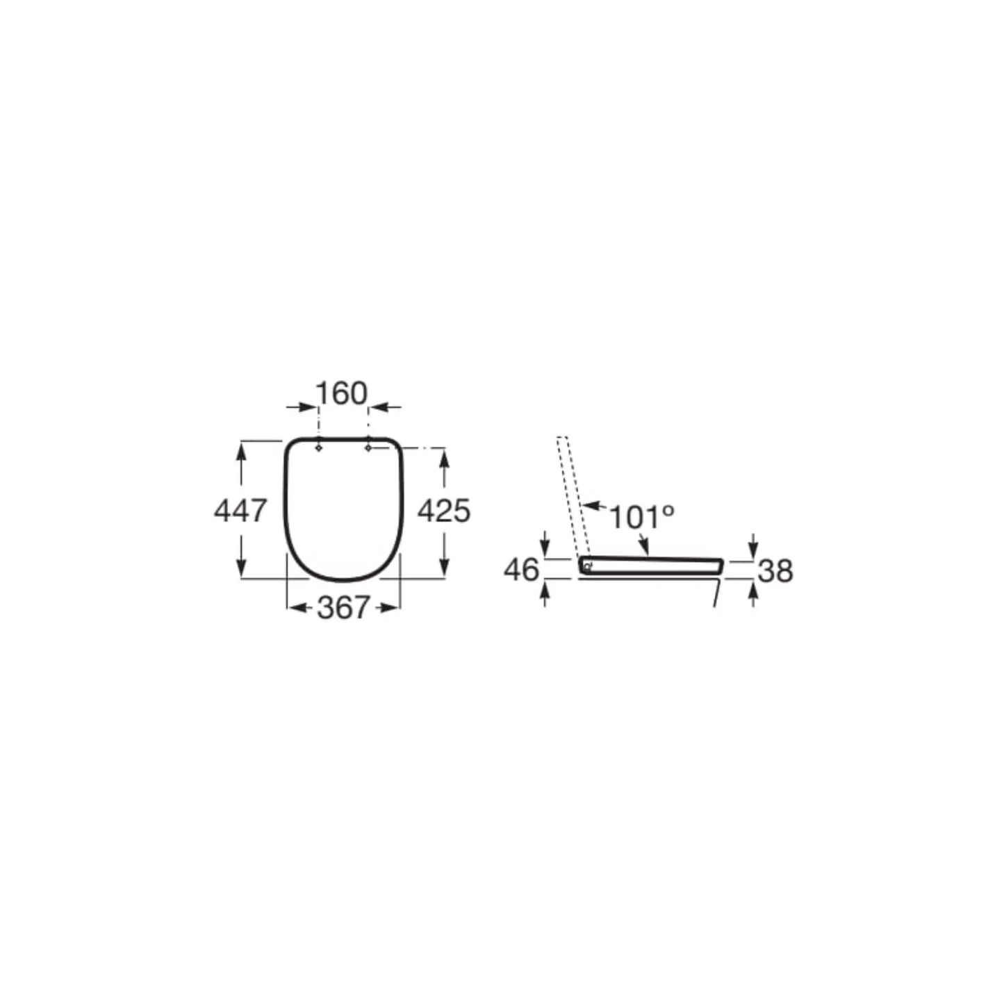 alt='Desenho técnico com as dimensões do tampo de sanita Roca Tura, mostrando 44.7cm de comprimento por 36.7cm de largura.'