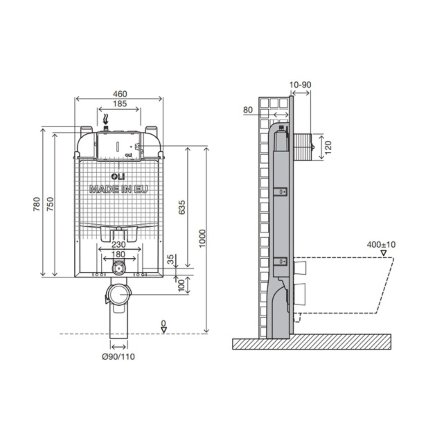 Esquema técnico com dimensões e cotas de instalação da estrutura de sanita Oli74 Plus Simflex