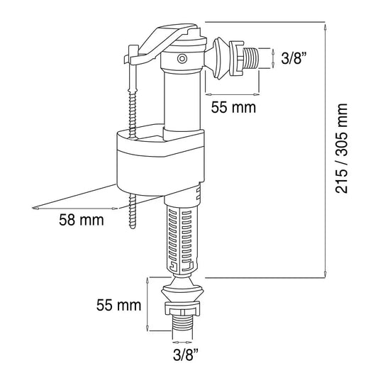 Desenho técnico com dimensões e medidas de ajuste da torneira boia universal Jimten S-465 de 3/8.