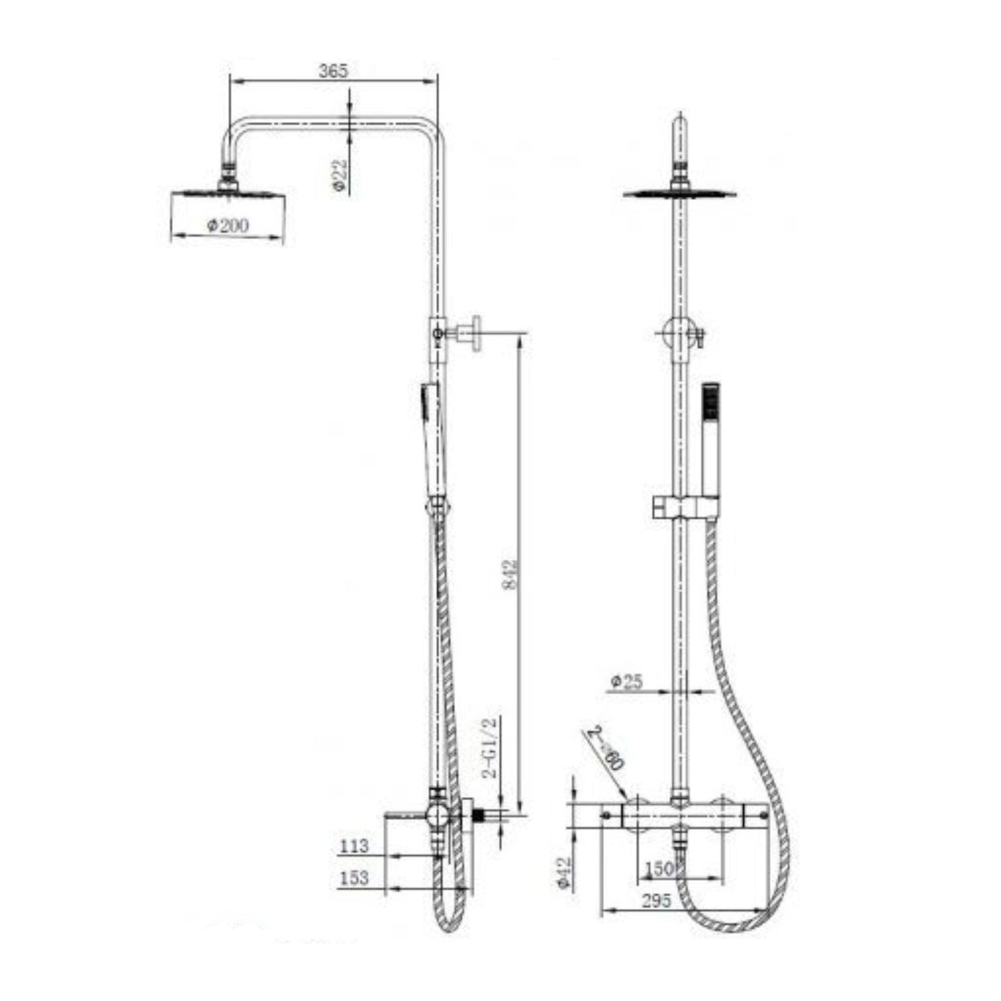 Desenho técnico com medidas detalhadas da coluna de duche Monza Black Gun Metal.
