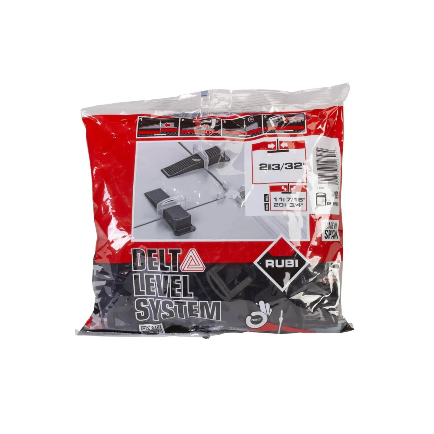 Embalagem de 100 unidades de abraçadeiras Rubi Delta Level System de 2mm para nivelamento de cerâmica entre 11 e 20mm.