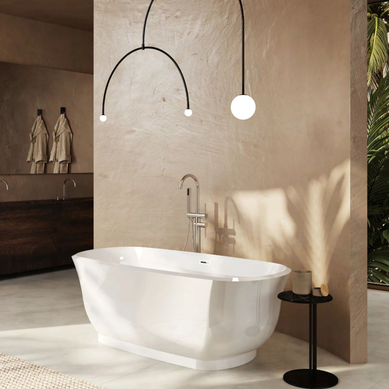 Banheira de ilha Showerbox Samu branca instalada em casa de banho de design contemporâneo.
