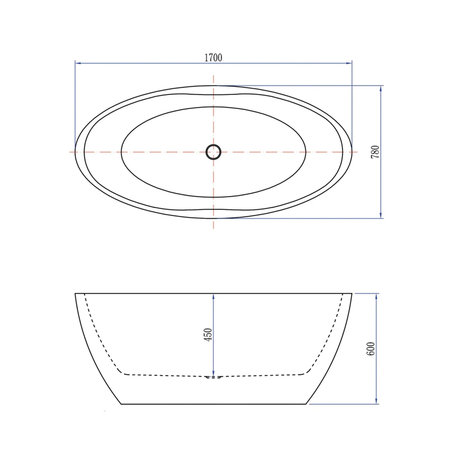 Esquema técnico com as dimensões detalhadas de 1700x780mm da banheira Noa branca.