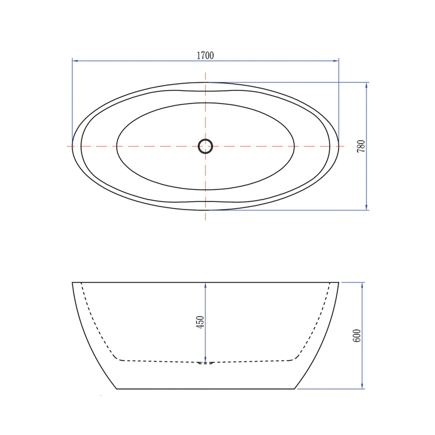 Esquema técnico com as dimensões detalhadas de 1700x780mm da banheira Noa branca.