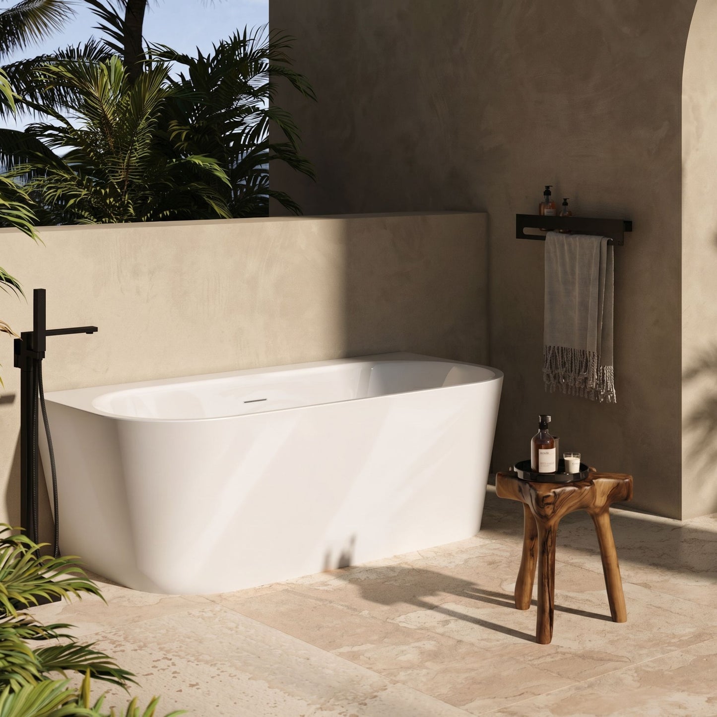 Banheira Showerbox Luppy branca instalada em ambiente de banho luxuoso com iluminação natural.
