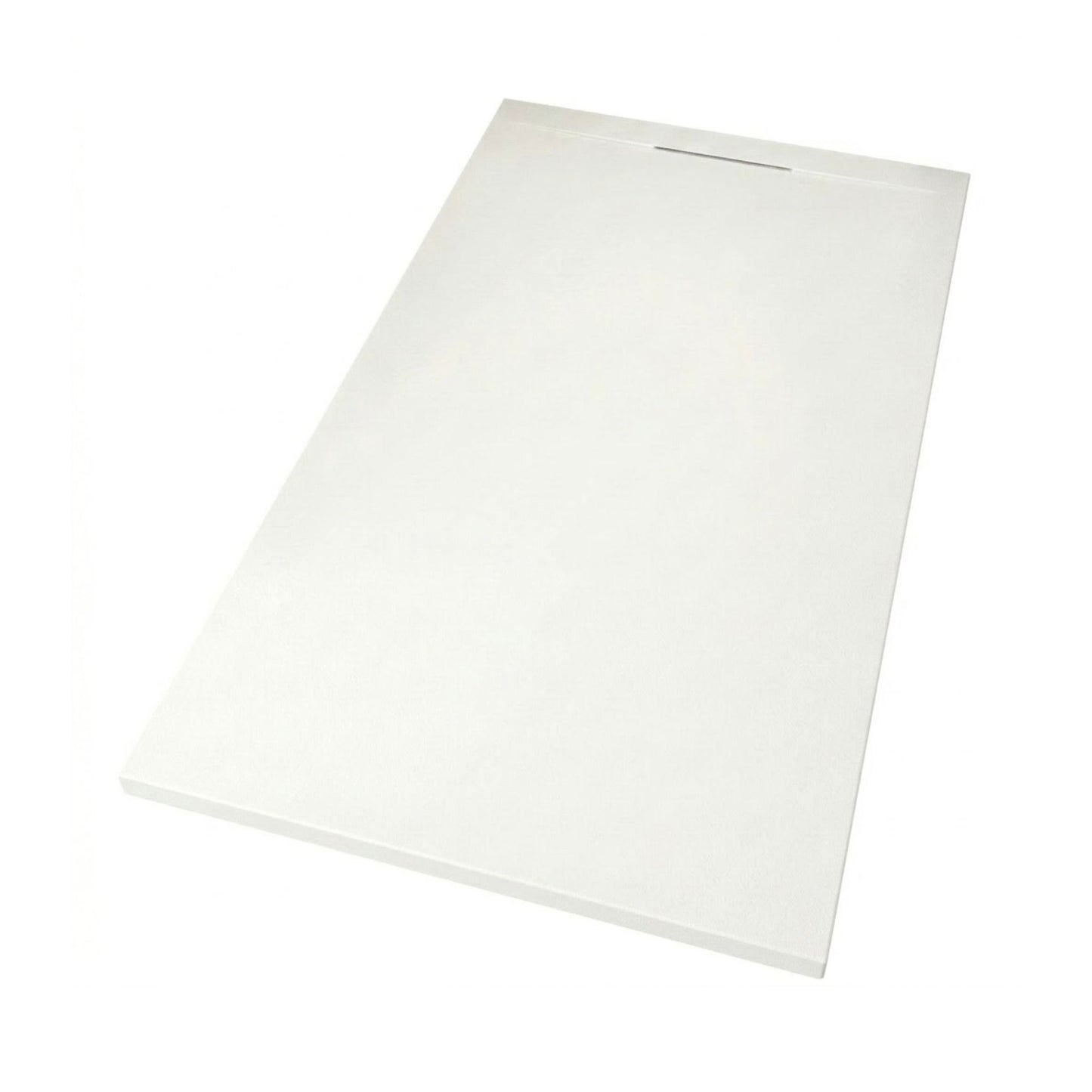 Vista superior em perspetiva da base de duche retangular New Ekostone branca com ralo linear