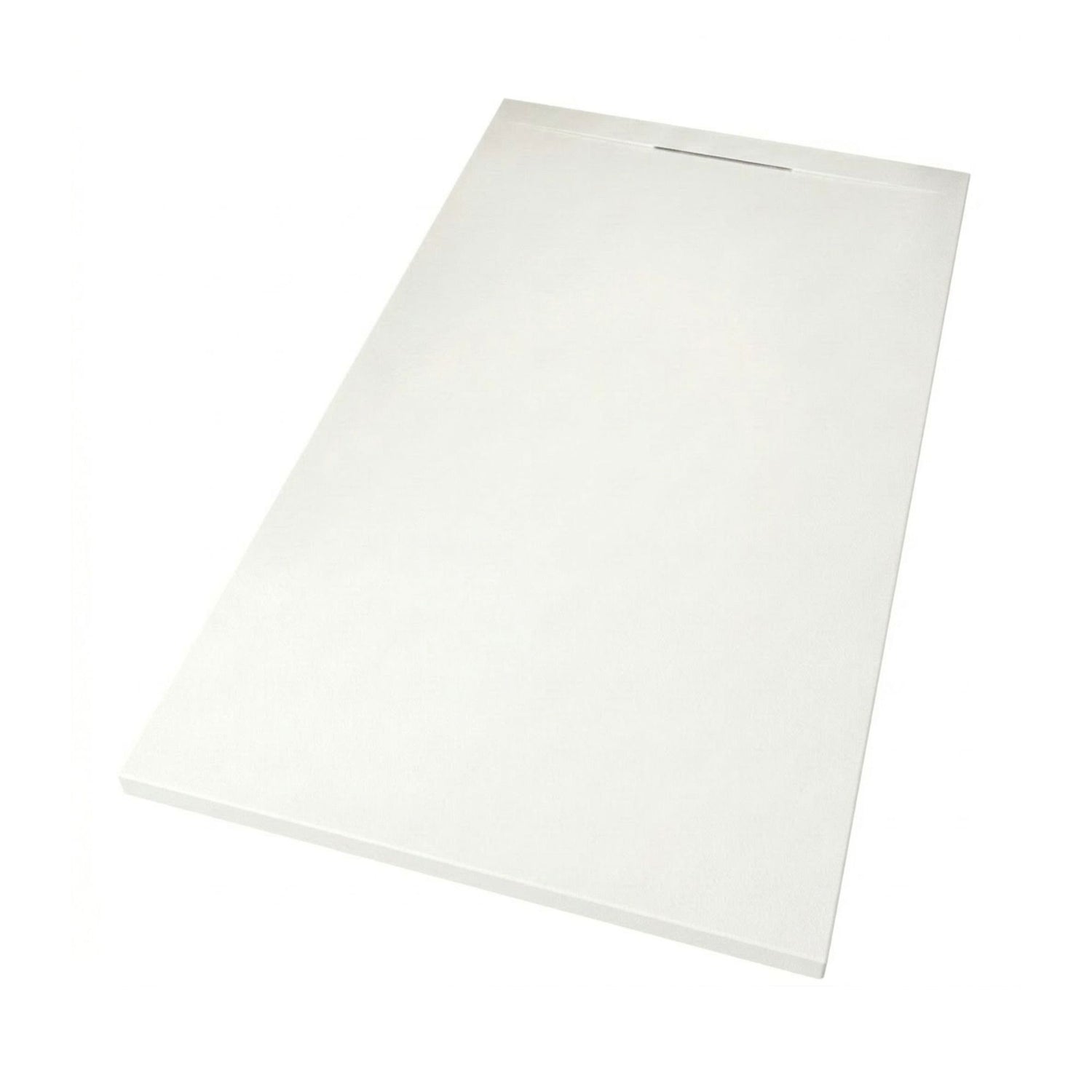 Vista superior em perspetiva da base de duche retangular New Ekostone branca com ralo linear