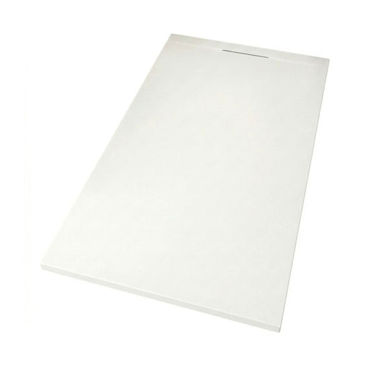 Vista superior em perspetiva da base de duche retangular New Ekostone branca com ralo linear