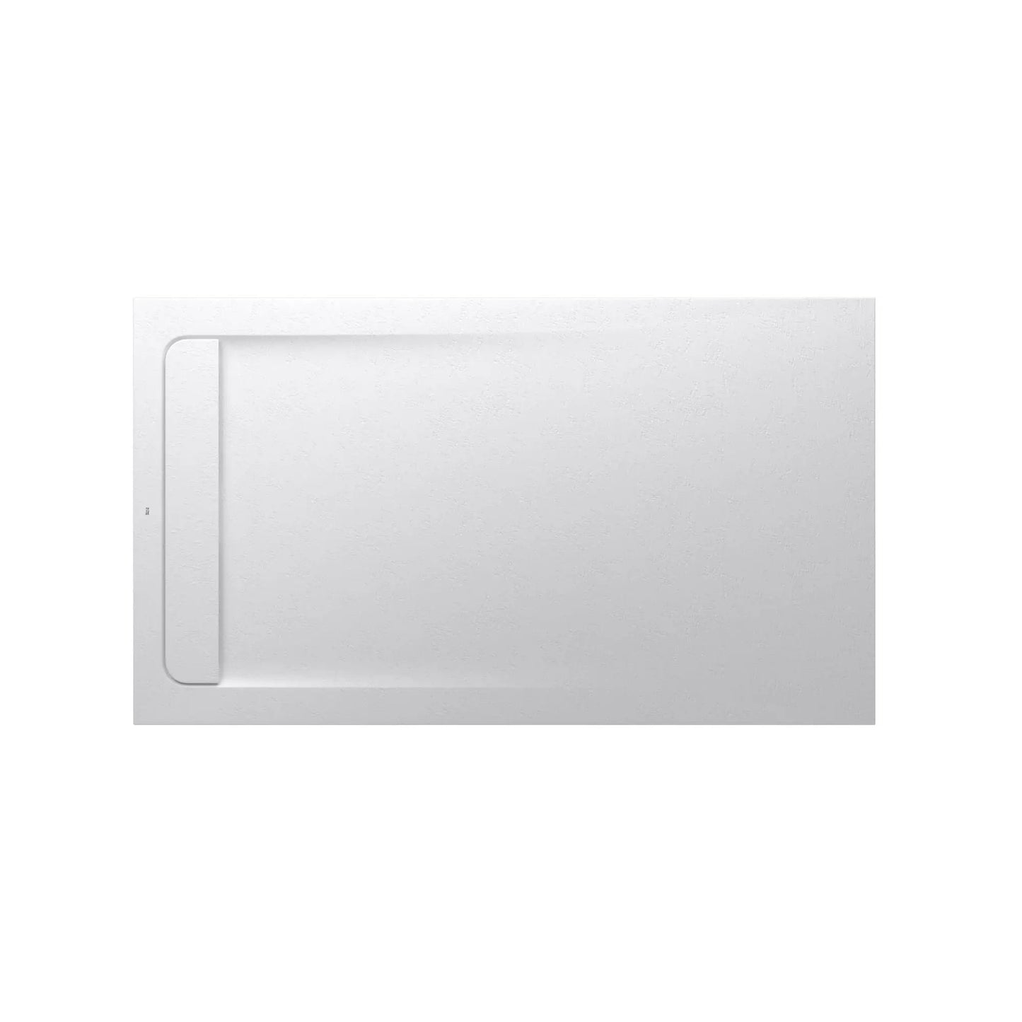 Base de duche extraplana Roca Stonex de 160x90 cm com grelha de escoamento integrada no mesmo material Stonex branco.