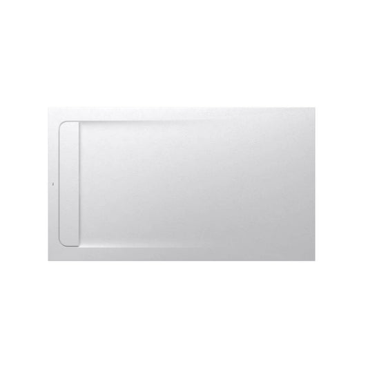 Base de duche extraplana Roca Stonex de 160x90 cm com grelha de escoamento integrada no mesmo material Stonex branco.