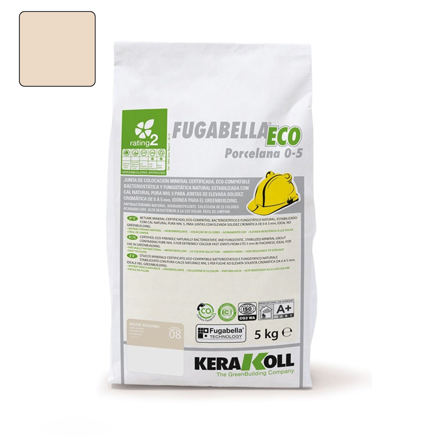 Embalagem de 5kg de betume mineral Kerakoll Fugabella Eco Porcelana cor Bege Bahama 08.