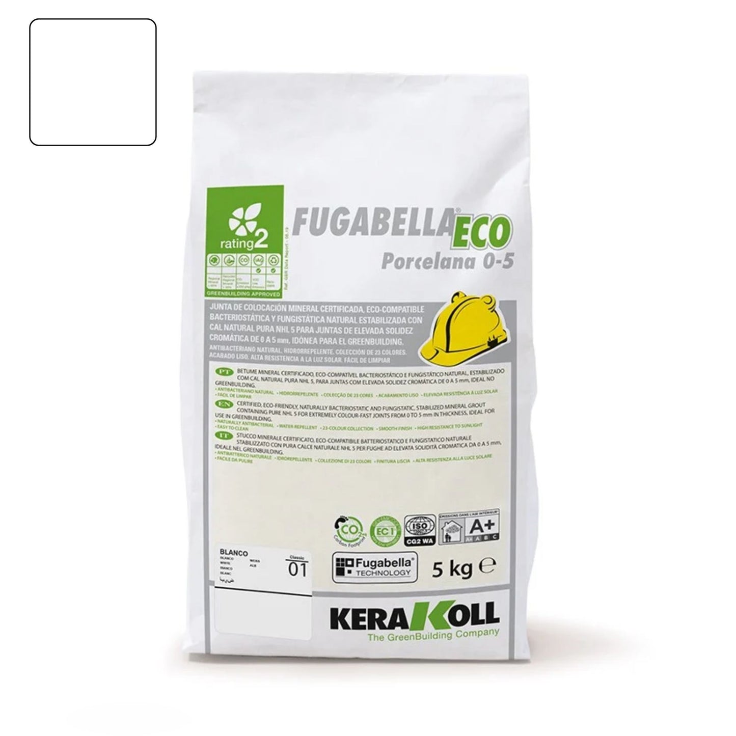 Embalagem de 5kg de betume mineral Kerakoll Fugabella Eco Porcelana na cor branca.