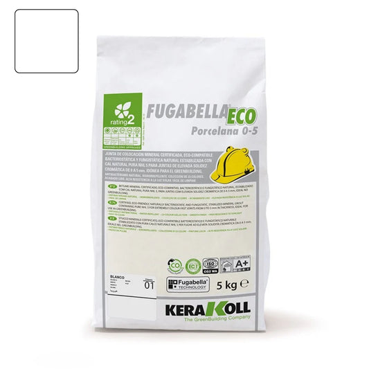 Embalagem de 5kg de betume mineral Kerakoll Fugabella Eco Porcelana na cor branca.