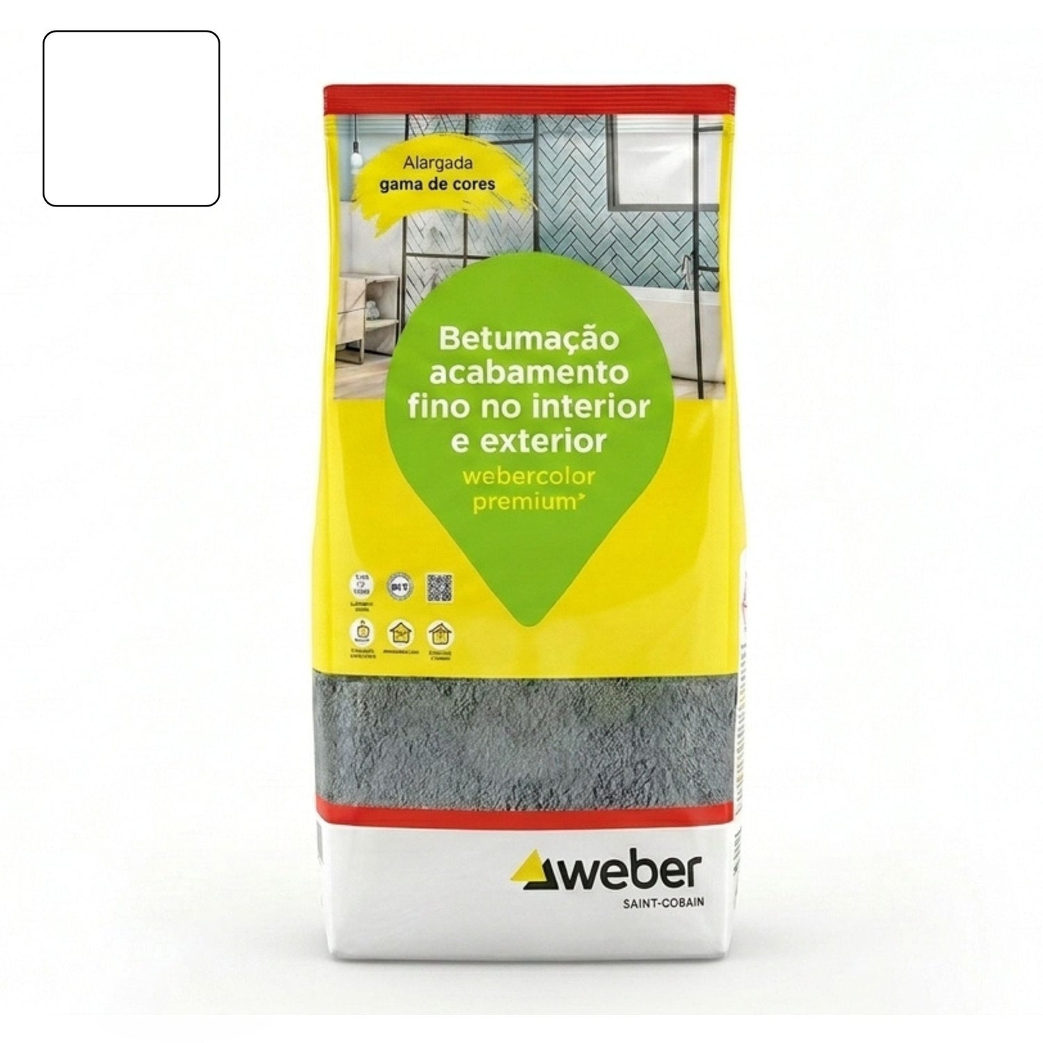 Embalagem de 5kg de betume Webercolor Premium+ na cor branco para acabamento de juntas.