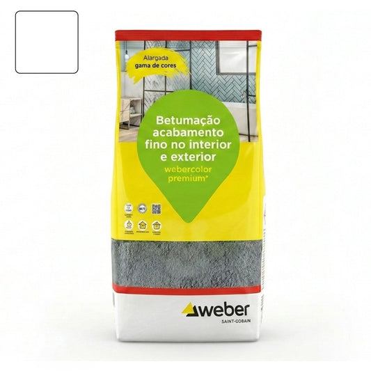 Embalagem de 5kg de betume Webercolor Premium+ na cor branco para acabamento de juntas.