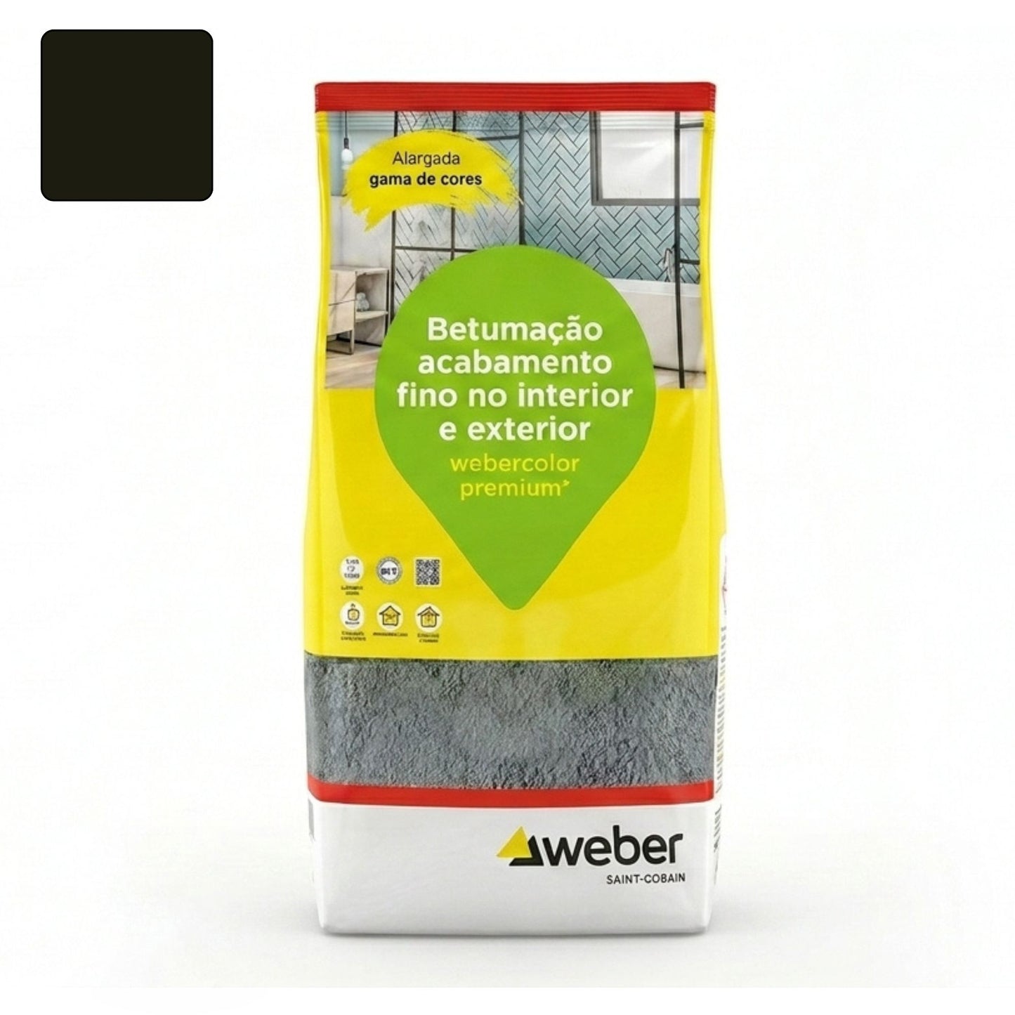 Embalagem de 5kg de betume Webercolor Premium+ Classic na cor antracite para acabamento de juntas.