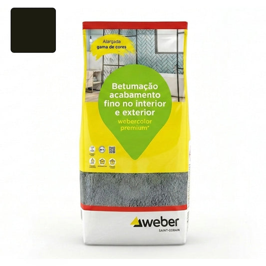 Embalagem de 5kg de betume Webercolor Premium+ Classic na cor antracite para acabamento de juntas.