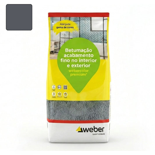 Embalagem de 5kg de betume Webercolor Premium+ Classic na cor cinza escuro para acabamento de juntas.