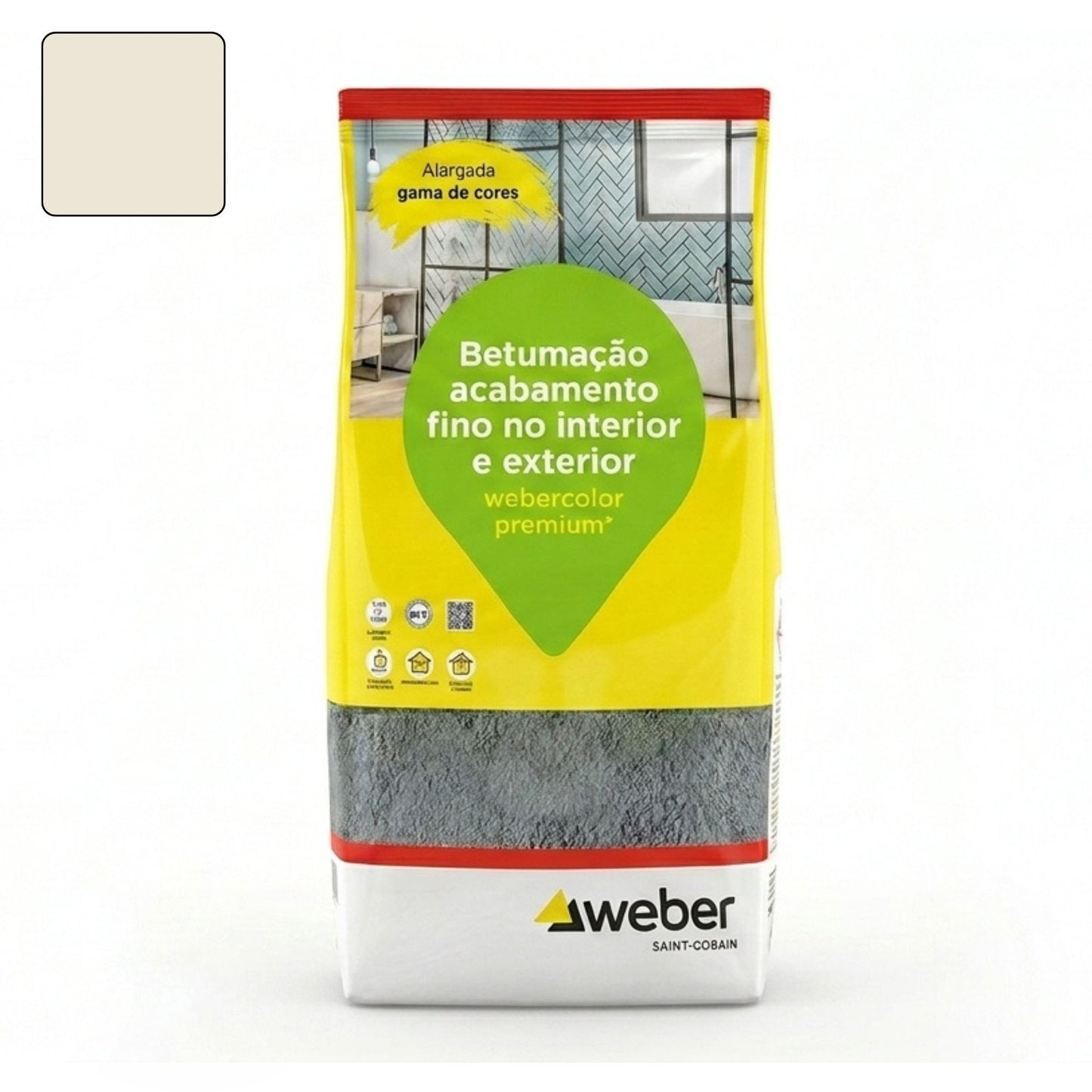 Embalagem de 5kg de betume Webercolor Premium+ Classic na cor creme para juntas.