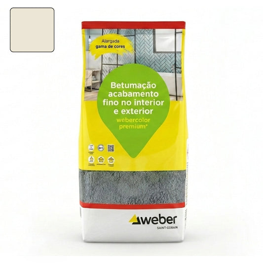 Embalagem de 5kg de betume Webercolor Premium+ Classic na cor creme para juntas.