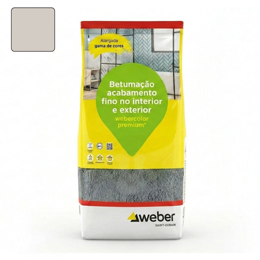 Embalagem de 5kg de betume Webercolor Premium+ Classic na cor platina para acabamento de juntas.