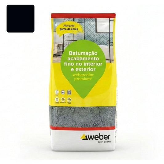 Embalagem de 5kg de betume Webercolor Premium+ Classic na cor preto para acabamento de juntas.