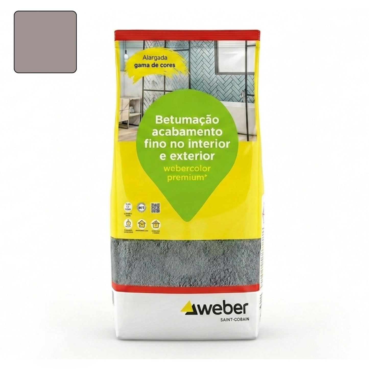 Embalagem de 5kg de betume Webercolor Premium+ Classic na cor taupe para acabamento de juntas.