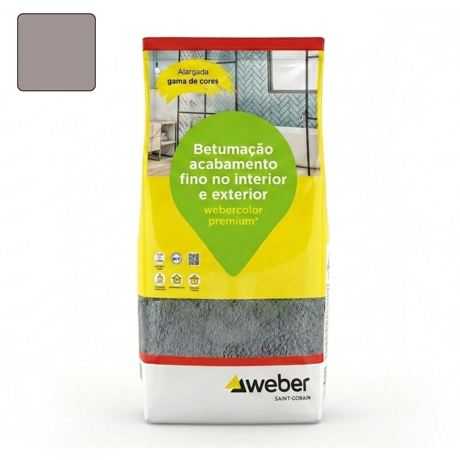 Embalagem de 5kg de betume Webercolor Premium+ Classic na cor taupe para acabamento de juntas.