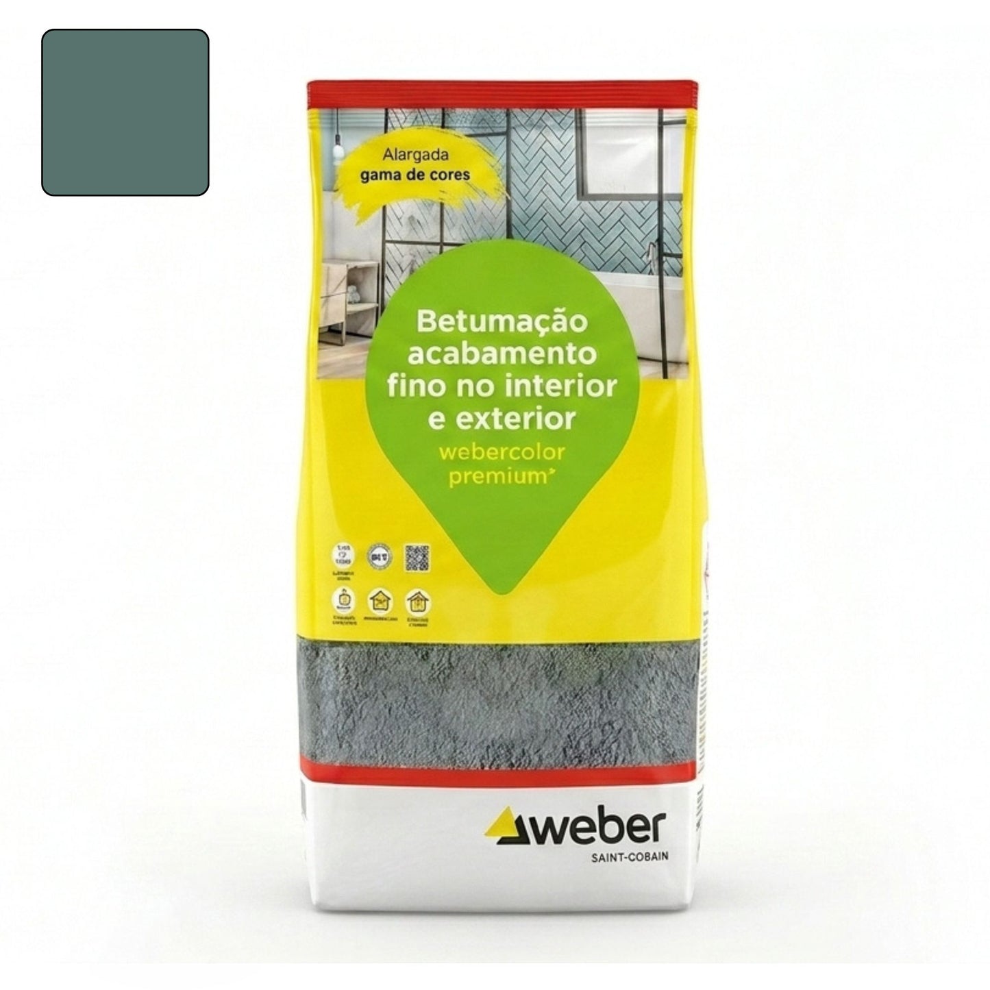 Embalagem de 5kg de betume Webercolor Premium+ Urban na cor verde bosque para acabamento de juntas.