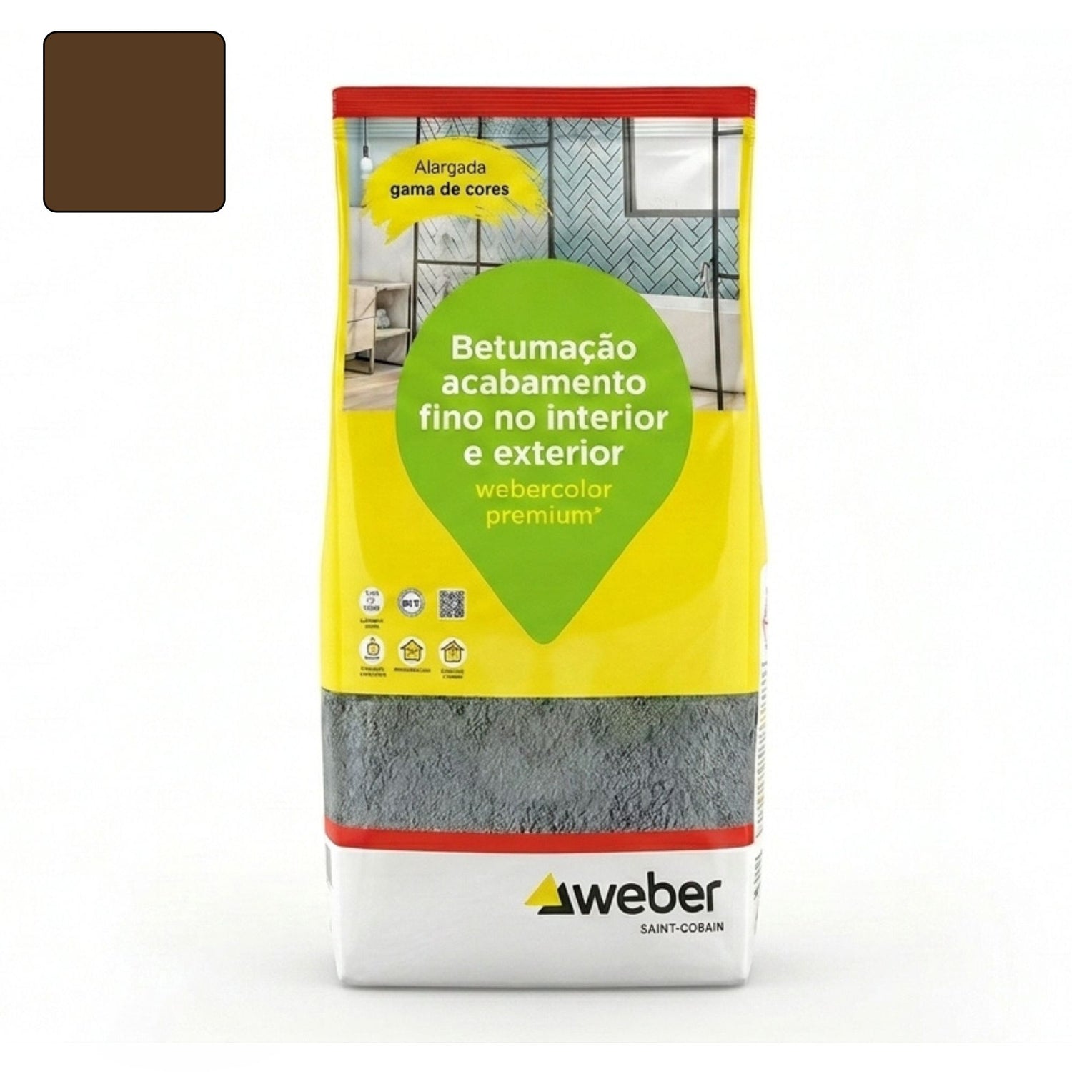 Embalagem de 5kg de betume Webercolor Premium+ Urban na cor wengue para acabamento de juntas.