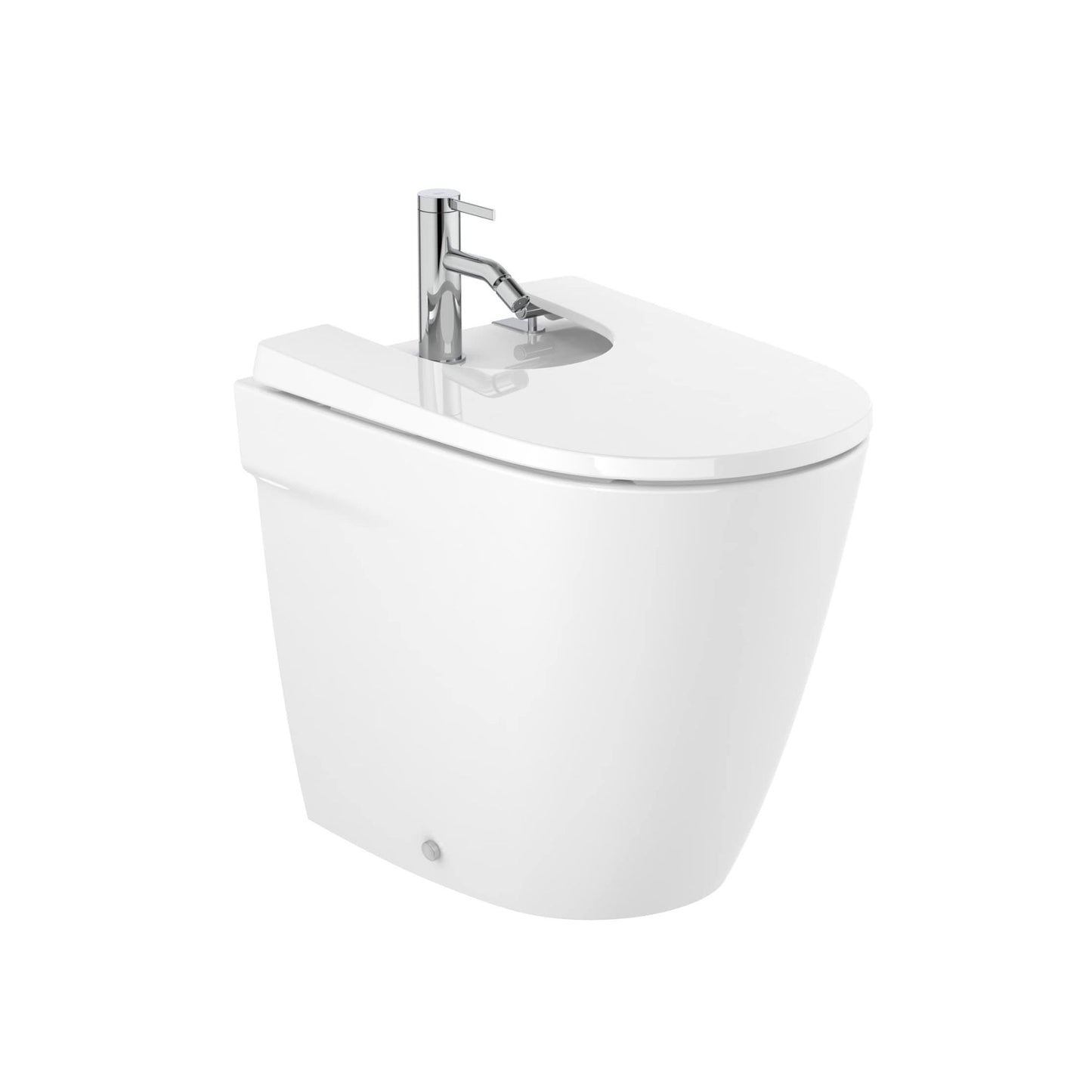 Bidé de pousar Roca Ona branco com tampa de queda amortecida e design back-to-wall.
