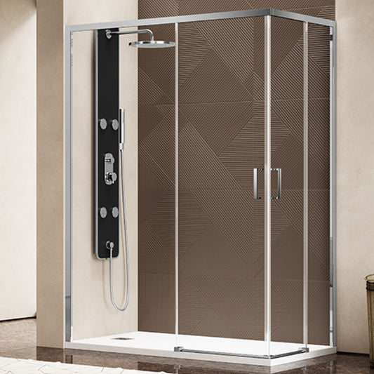 Cabine de duche H-Duo Kan transparente com perfis cromados e painel de hidromassagem preto.