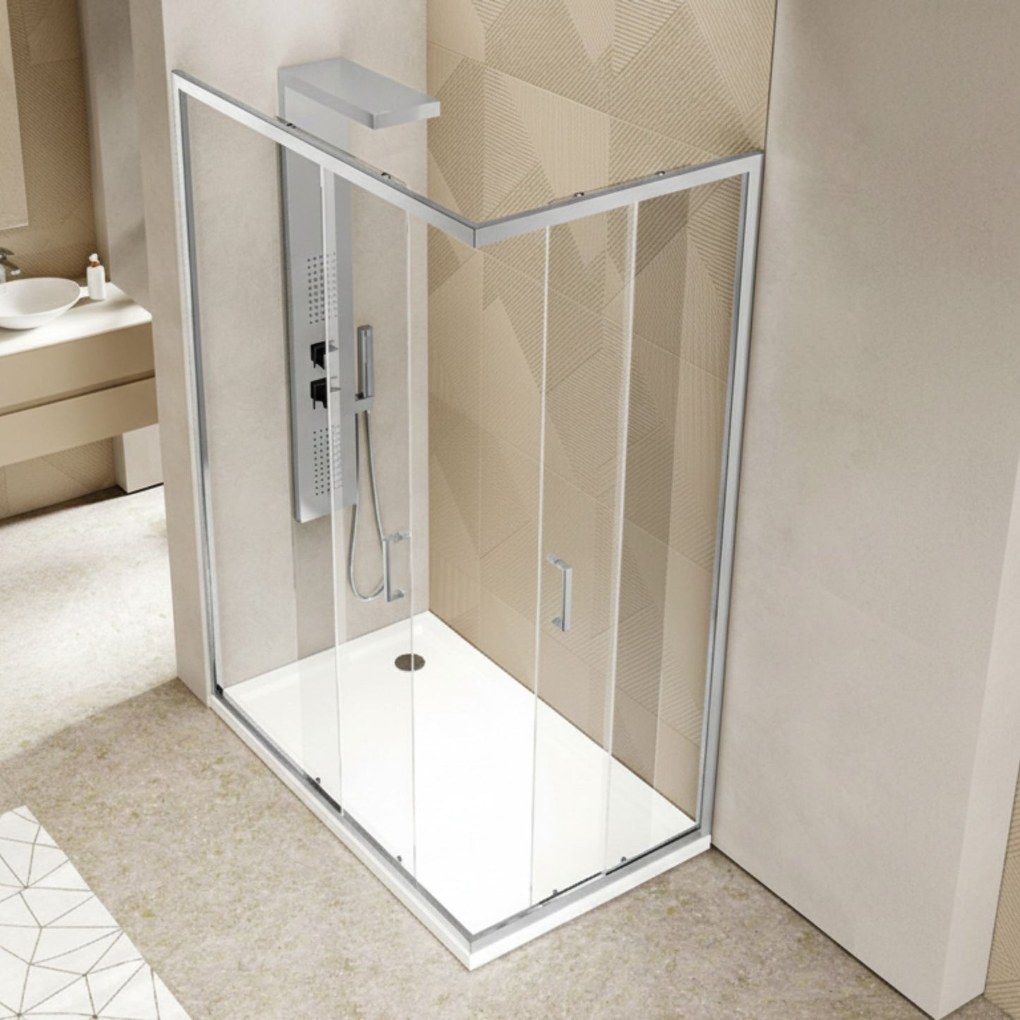 Vista aérea da cabine de duche H-Duo Kn instalada com base de duche branca e coluna de hidromassagem.