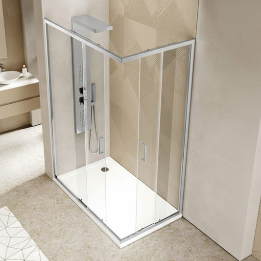 Vista aérea da cabine de duche H-Duo Kn instalada com base de duche branca e coluna de hidromassagem.