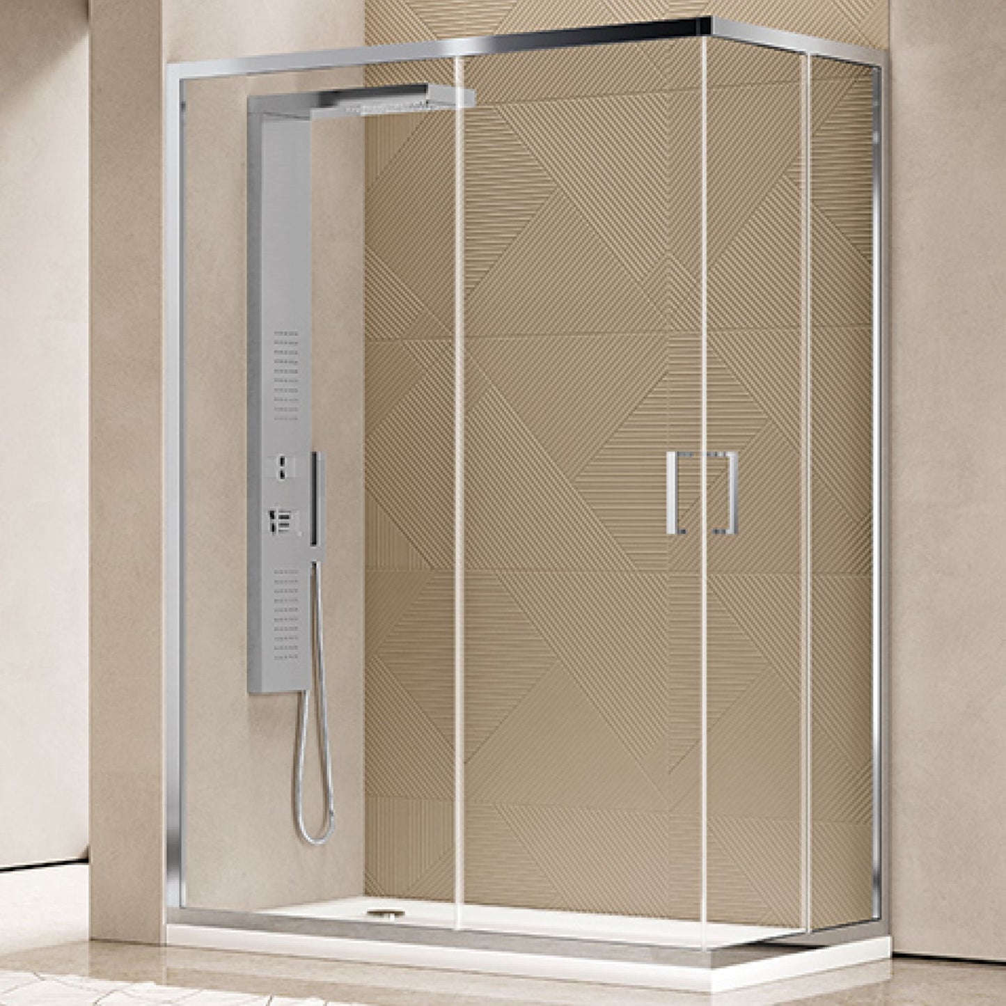 Cabine de duche H-Duo Kn transparente com perfis cromados em ambiente de casa de banho moderna.