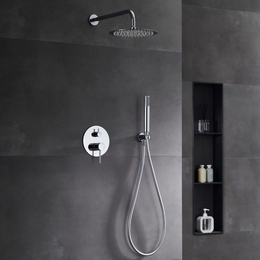 Casa de banho moderna com sistema de duche de encastrar Imex Monza instalado em parede cinza antracite.
