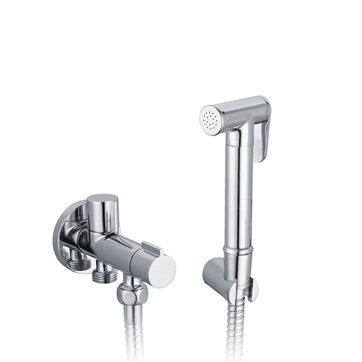 Kit chuveiro higiénico Elegance cromado com misturadora monocomando, punho e bicha flexível.