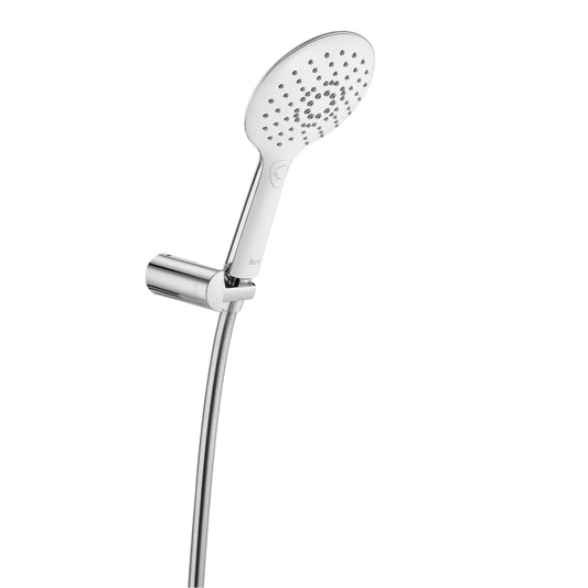 Chuveiro de mão Roca Plenum Go Round cromado com face branca e 3 funções de jato.
