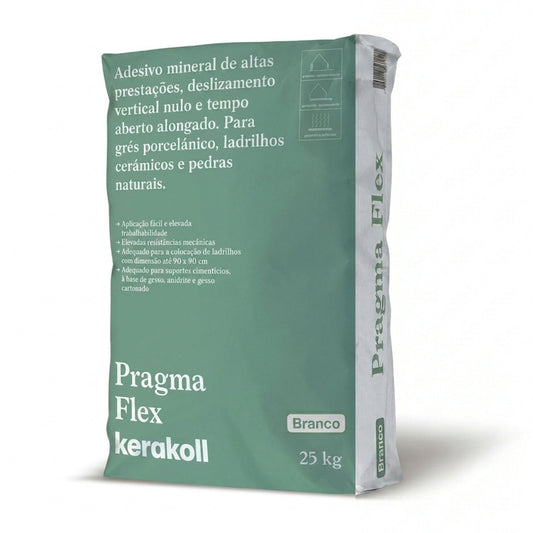 Saco de 25kg de cimento cola flexível Kerakoll Pragma Flex na cor branca para cerâmica.