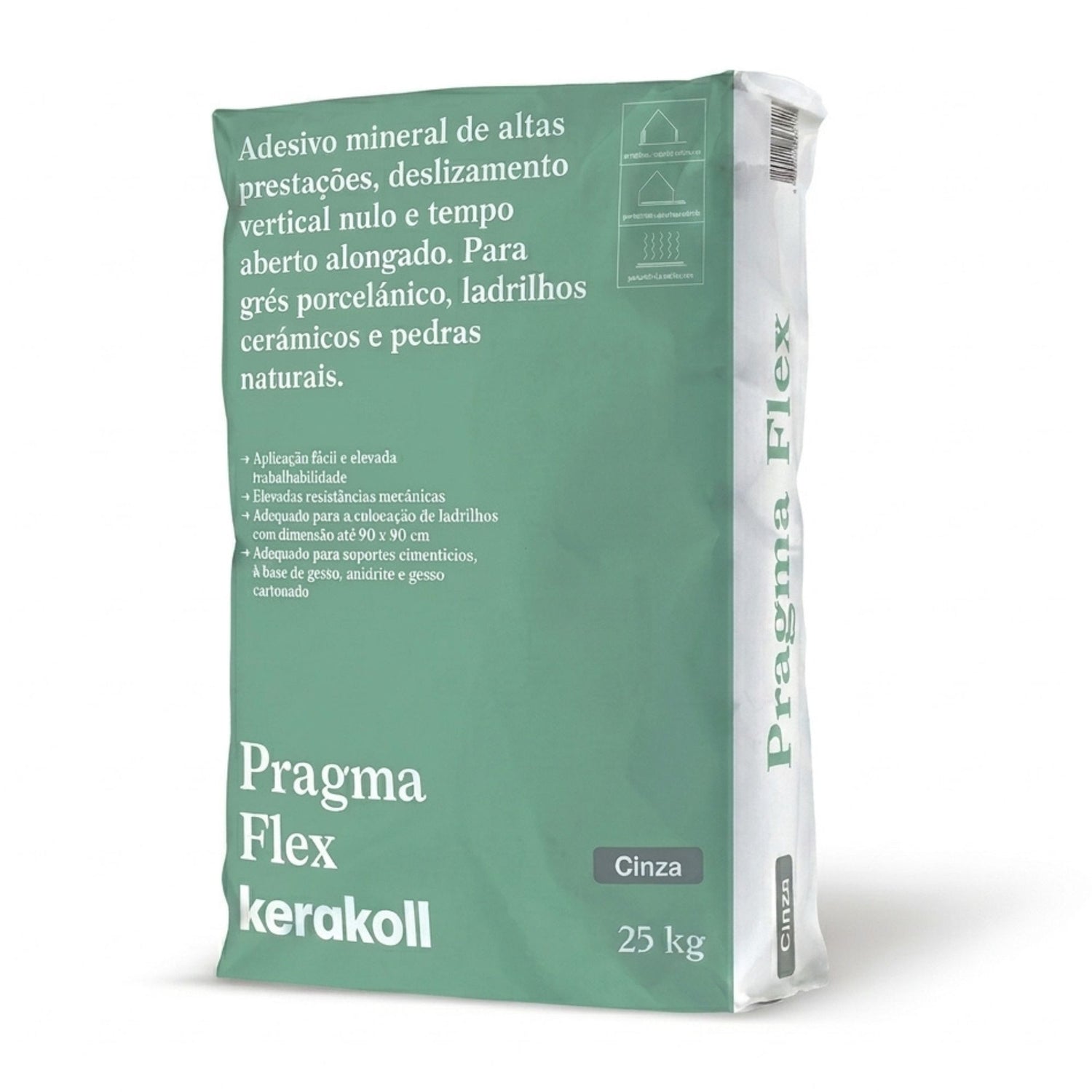 Saco de 25kg de cimento cola flexível Kerakoll Pragma Flex na cor cinza para cerâmica.