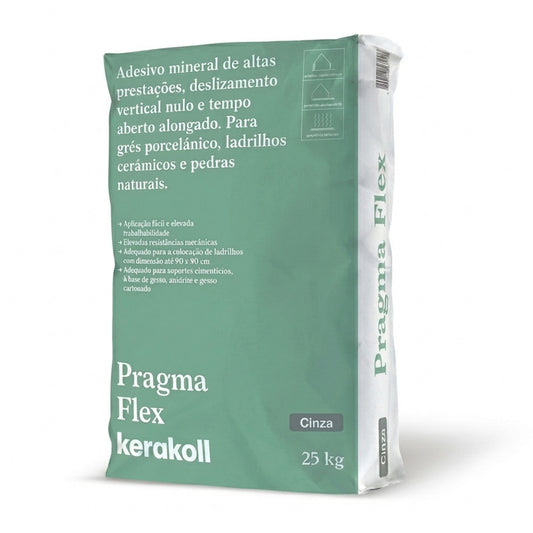 Saco de 25kg de cimento cola flexível Kerakoll Pragma Flex na cor cinza para cerâmica.