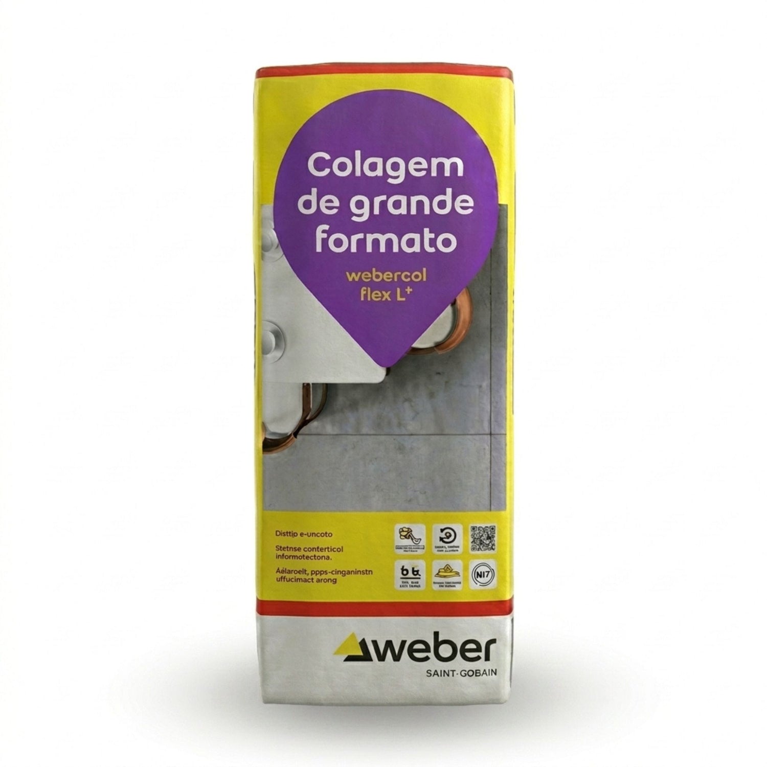 Saco de argamassa colante Weber Flex L+ Cinza de 25kg para colagem de grande formato e alta flexibilidade.