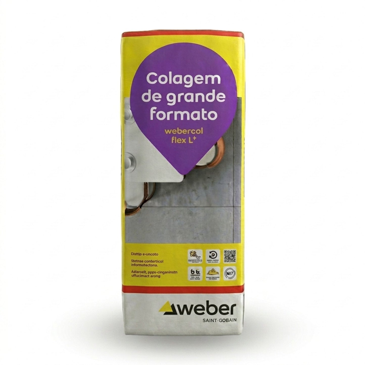 Embalagem de cimento cola Weber Flex L+ Branco de 25kg para colagem de grande formato.