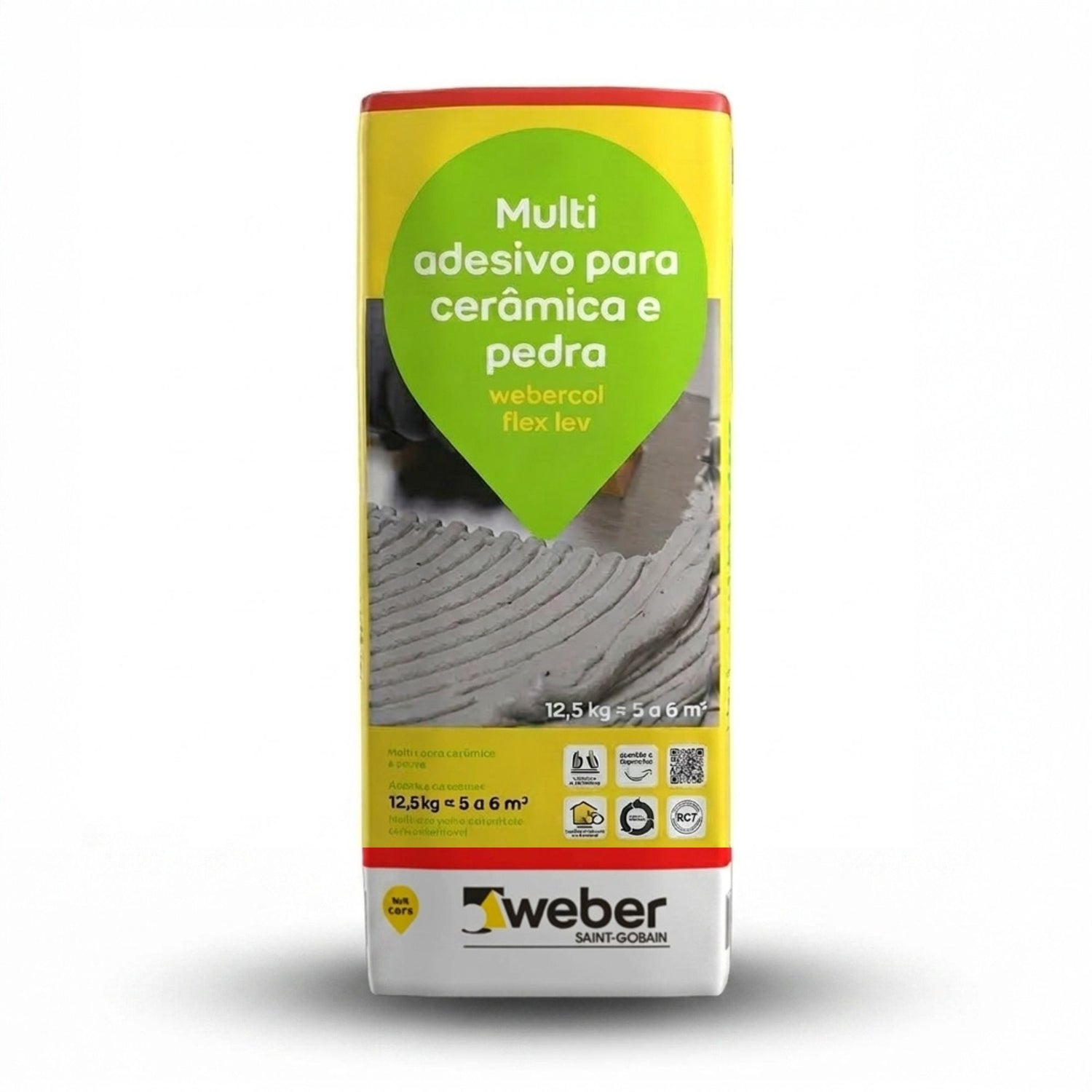 Saco de cimento cola Weber Flex Lev Cinza de 12,5kg, adesivo leve para cerâmica e pedra.