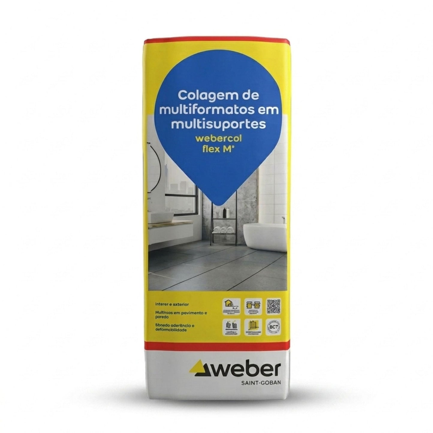 Saco de cimento cola Weber Flex M+ Branco de 25kg para colagem de multiformatos e multisuportes.