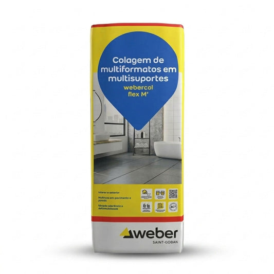 Saco de cimento cola Weber Flex M+ Branco de 25kg para colagem de multiformatos e multisuportes.