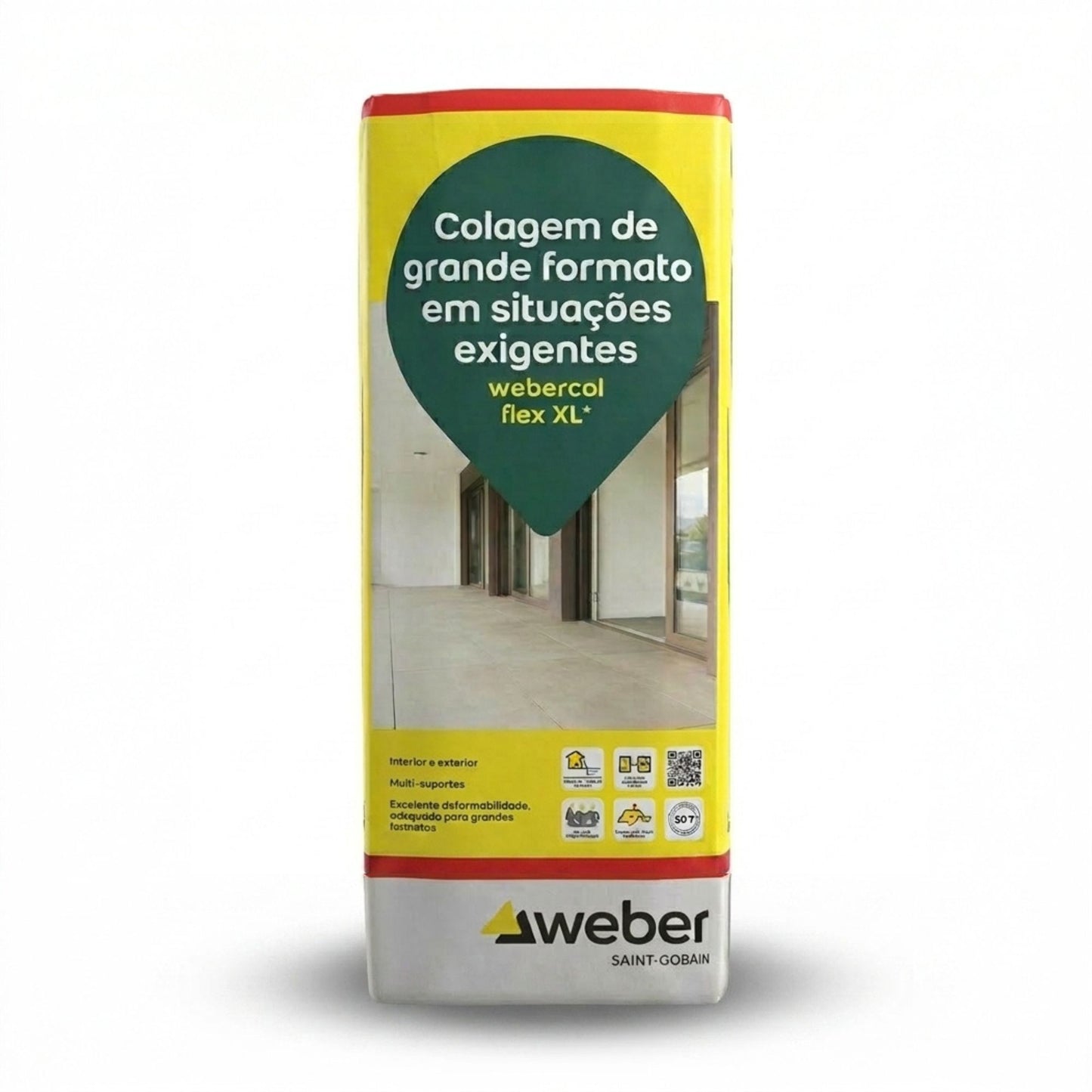 Embalagem de Cimento Cola Webercol Flex XL+ Branco de 20kg para colagem de grande formato.