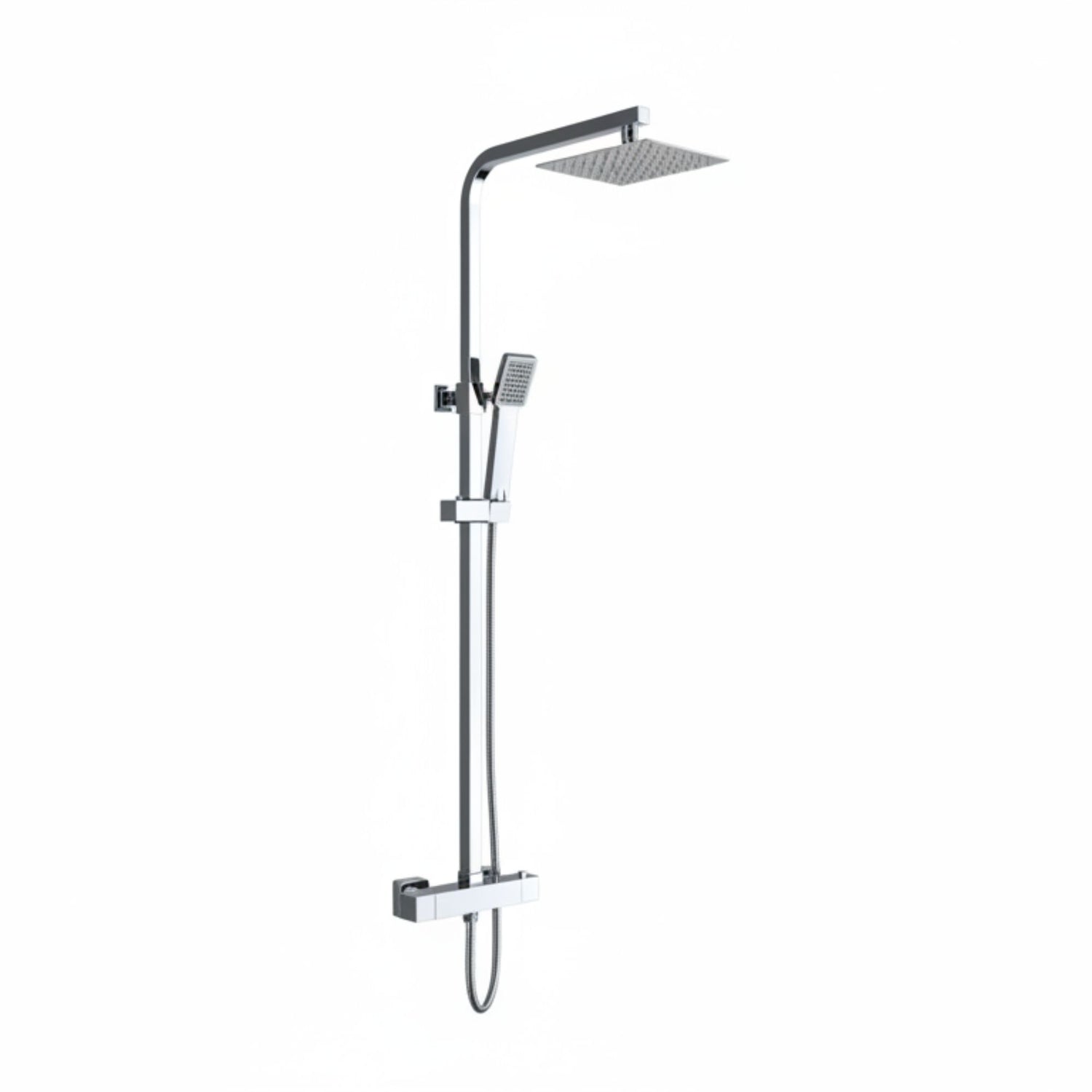 Coluna de duche Imex Vigo termostática cromada com pulverizador quadrado e chuveiro de mão.
