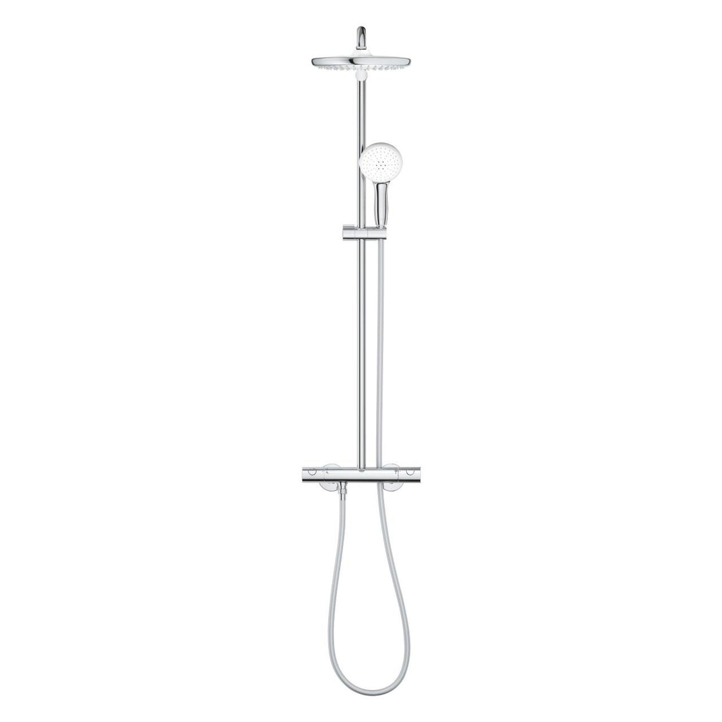 Sistema de duche termostático Grohe Tempesta 250 com chuveiro de teto e teleduche vista frontal.