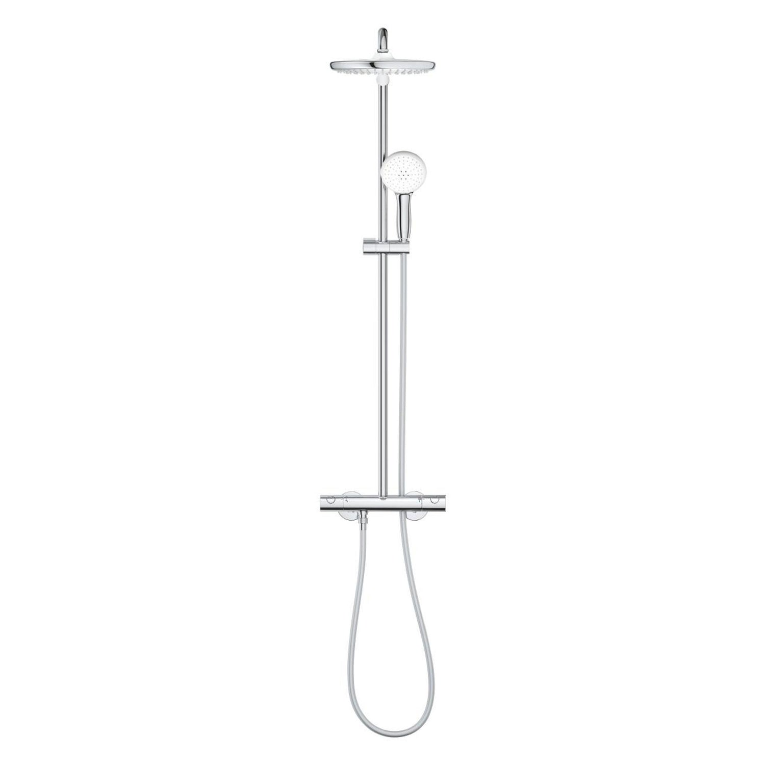 Sistema de duche termostático Grohe Tempesta 250 com chuveiro de teto e teleduche vista frontal.